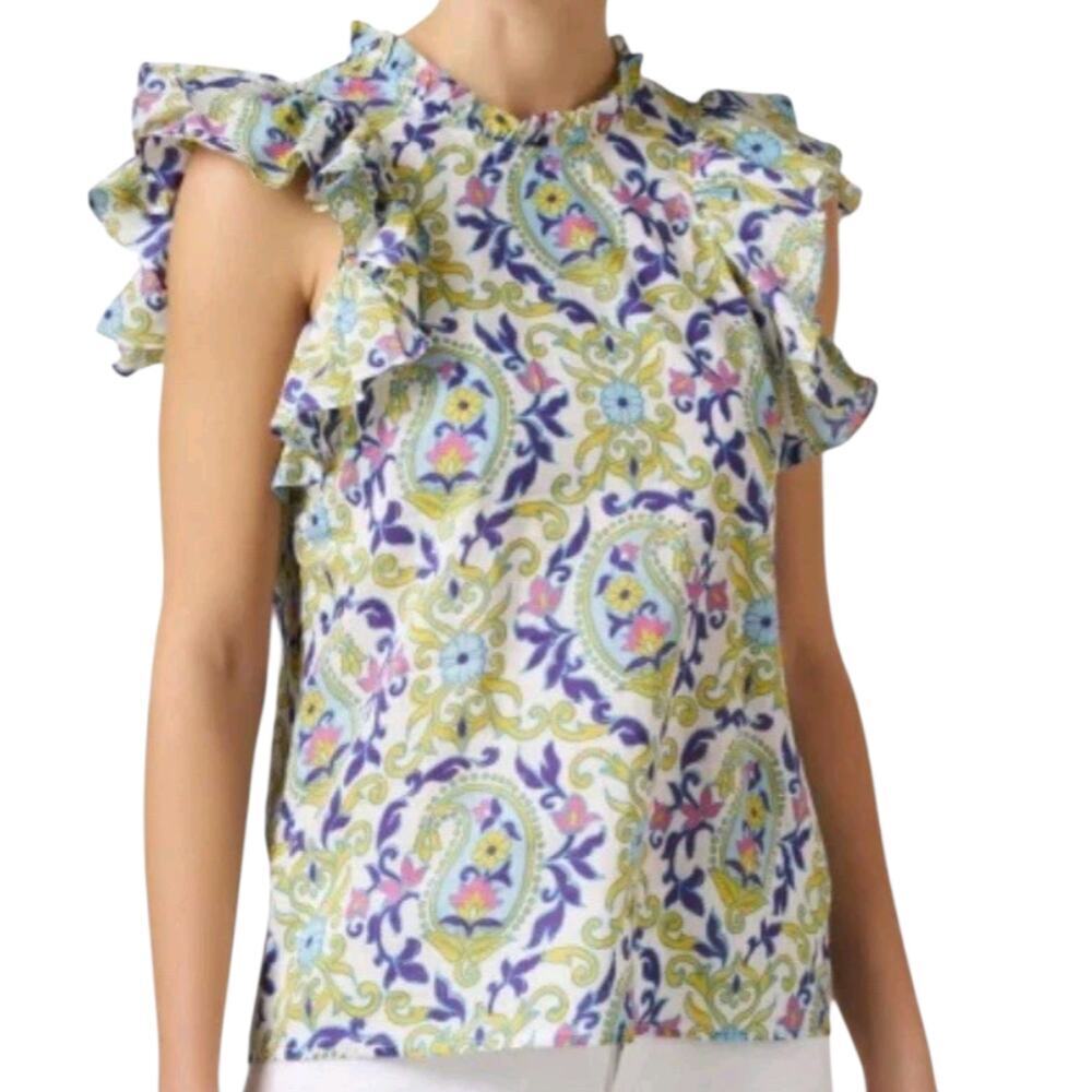 Banjanan Klara Top Doges Paisley Saturn Short Flutter Sleeves Blouse NWT M